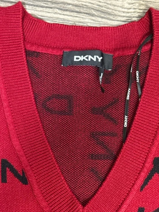 DKNY Red V-Neck Logo Knit Pullover - Picture 3 of 5